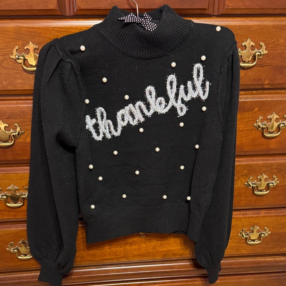 Peach Love Black Thankful Sweater with Pearl Details
